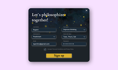 Sign up modal for the philosophical club dailyui design modal window typography ui ux web