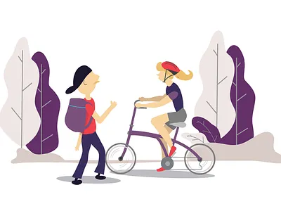 Afternoon park situation. People Cycling and walking around. app bike brompthon character cycling design flat fnhon folding home illustration peoples purple ui walk web design