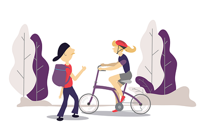 Afternoon park situation. People Cycling and walking around. app bike brompthon character cycling design flat fnhon folding home illustration peoples purple ui walk web design