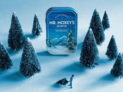 Mr. Moxey's Giving Mint 2d branding candy cannabis cbd christmas food holiday illustration landscape mint mountain package packaging print seasonal snow tin tree xmas