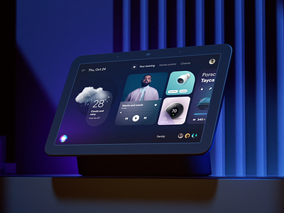 Google Hub night mode 3d ai android car design google hub illustration music os rain smart smarthome speaker ui uiux ux voice weather widgets
