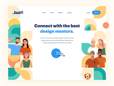 Hustl • Design community branding character clean collaboration colorful community desktop dog flat flatdesign friends hero home page homepage illustration landing page mentor pattern team