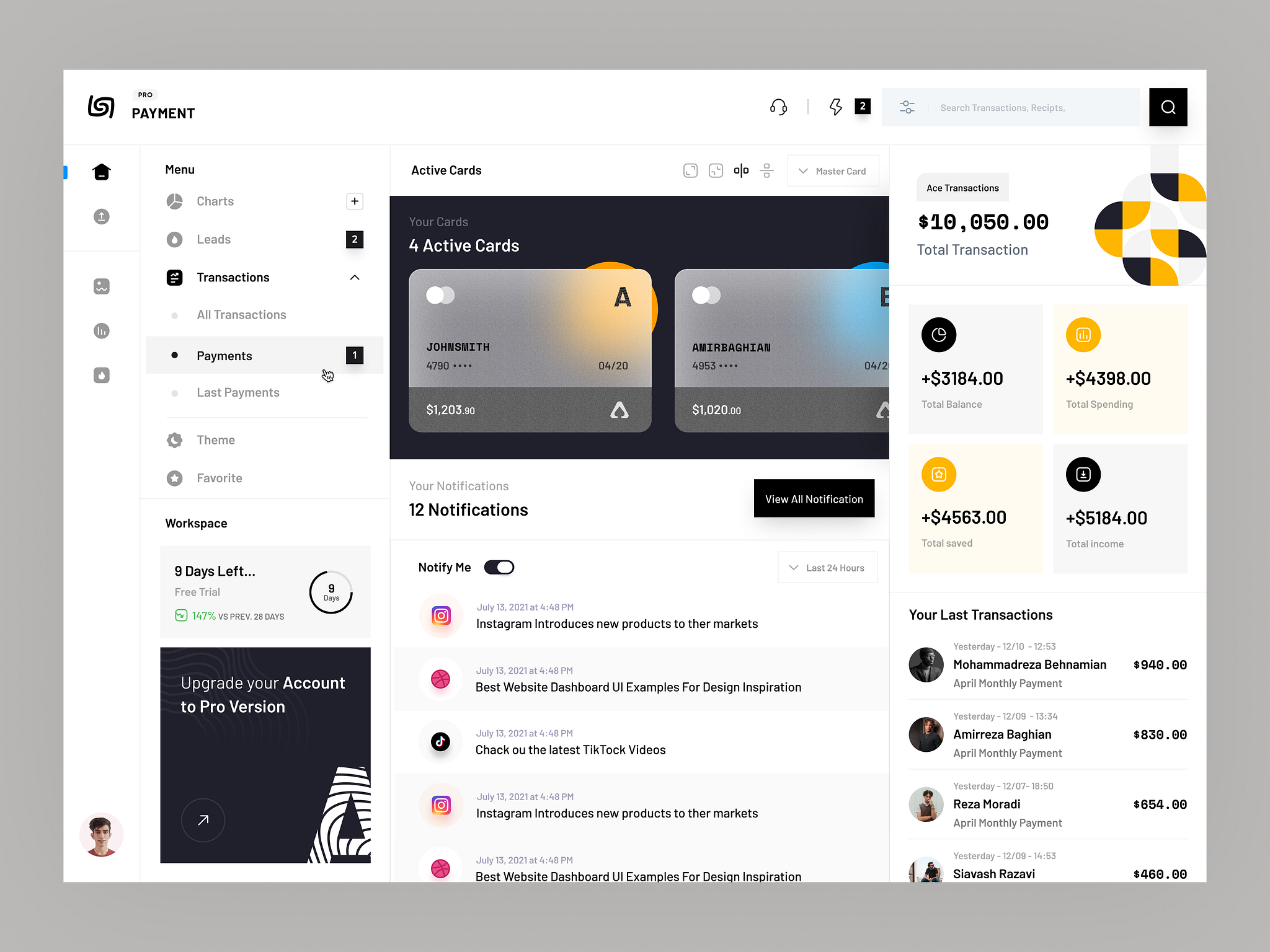 Payment Dashboard - Part 1 ( UI ) by Amir Baqian for Ace Design Agency