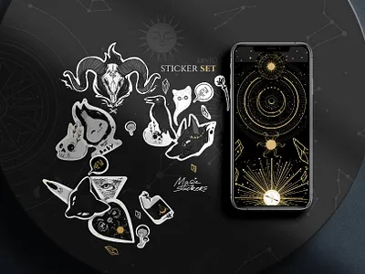 Stickers set ready! More in my shop creativemarket.com/Jera_art all seeing eye background creepy crystal dark dark ui ghost gold hand drawn horoscope illustration meow modern moon mushrooms raven skull stars sun vector