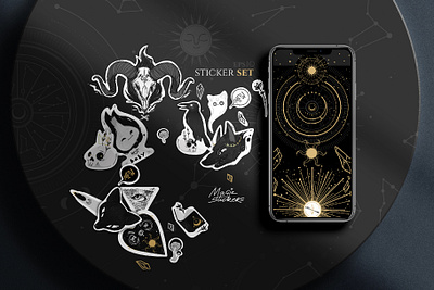 Stickers set ready! More in my shop creativemarket.com/Jera_art all seeing eye background creepy crystal dark dark ui ghost gold hand drawn horoscope illustration meow modern moon mushrooms raven skull stars sun vector