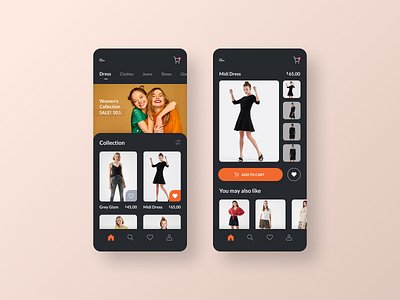 Clothing Shop App Design app app design clothing concept dark dark mode design ecommerce ecommerce app ecommerce design marketing mobile mobile app mobile design mobile ui shop store ui webdesign women