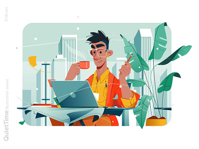 Guy working at laptop illustration character coffee flat guy illustration kit8 laptop vector working
