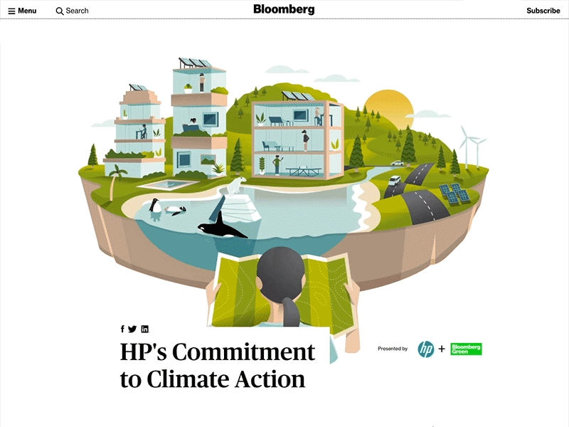 Bloomberg Business Illustration buildings energy illustration landscape map nature ocean polar bear solar trees woman