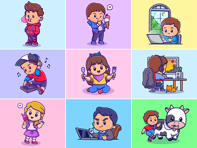 People activities👦🏻👧🏻🎧🍦💻 boy bubble gum character cow cute eating farm girl ice cream icon illustration kids listening music logo music people playing game working