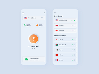 Neumorphic Vpn App app app design clean flat ios minimal mobile neumorphic neumorphism skeumorphism skeuomorphic ui ux vpn app