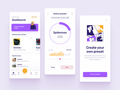 Word Generation App app button cards character chart clean colors dashboad design illustration ios mobile orange panel premium purple recording session ui ux