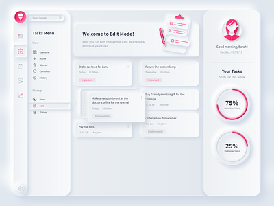 Vanilla Dashboard Neumorphic app dashboard design editor illustration inspiration light neumorphic neumorphism pink schedule sketch task tasks ui ux vanilla web web design website