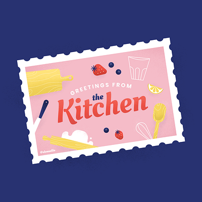 Postcards from Home: Kitchen color cooking covid19 dessert flour graphicdesign greetings illustration kitchen lemon postcard quarantine strawberry travel