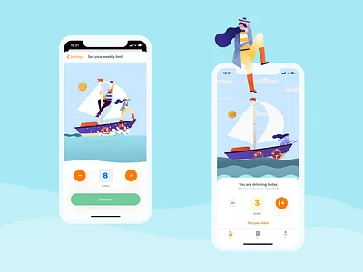 Less - Mindfulness Around Drinking App animation animation 2d app clouds desing drinks illustration lessdrinking sailboat sailing sailor sea ships sober speed tracker ui design weather wind z1