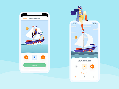 Less - Mindfulness Around Drinking App animation animation 2d app clouds desing drinks illustration lessdrinking sailboat sailing sailor sea ships sober speed tracker ui design weather wind z1