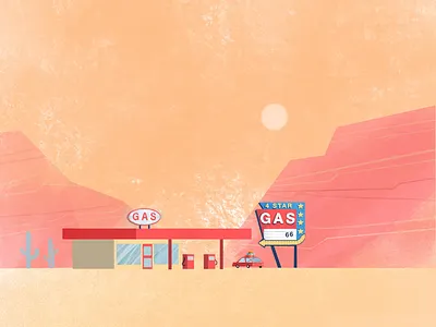 Late Evening americana car desert gas station illustration mountains procreate route 66 sign