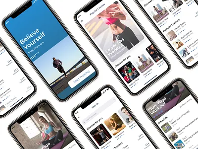 Fitness App UI -Trainer activity adobe adobexd app cart view clean coach courses design designoweb fitness fitnessapp gym reveal menu splash trainer ui uiux xd yoga