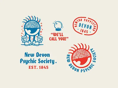 New Devon Psychic Society elements badge branding characterdesign crystal ball eye iconography illustration lettering psychic typography vector