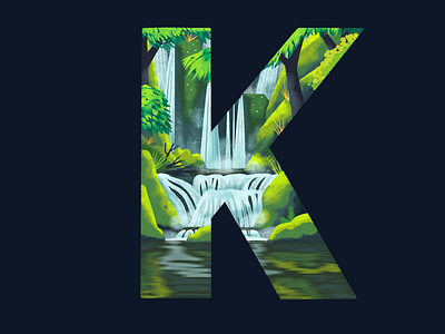 K: 36 Days of Type 36 days of type environment forest illustration k landscape moss procreate river stones water reflection waterfall