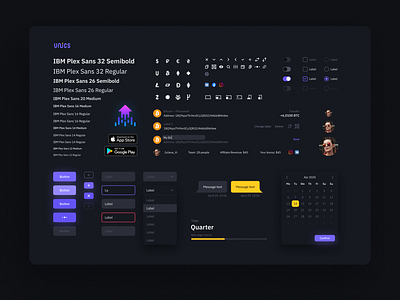 UNICS Design System (Dark Mode) bitcoin black theme branding btc button states buttons clean ui components crypto wallet cryptocurrency dark dark app dark mode dark theme guidlines library styleguide ui ui kit wallets