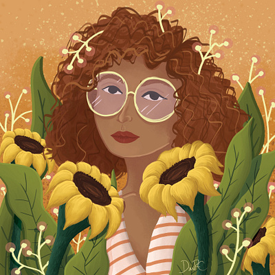 Flowers art charactedesign children art children book illustration curly hair flowers girl illustration nature summer sunflowers woman