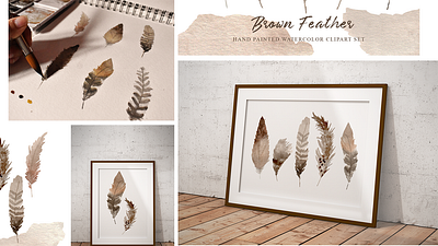 Brown Feather Watercolor Clipart Set brown clipart decoration design feather frame illustration painting rustic wall art watercolor