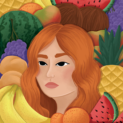 Fruits art bananas charactedesign children art children book illustration coconut design fruit fruit illustration fruits fruity girl grapes illustration nature oranges pineapple redhead watermelon woman
