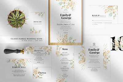 Classy Floral Wedding Suite anniversary bride delicate design diy elegant feminine floral gold groom invitation invitation card invitations invite minimal modern paper template wedding card wedding invitation