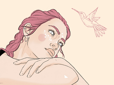 Dreaming woman with a humming bird animal artdirection artwork digitalart digitalillustration dreaming fashionillustration femaleartist femme hummingbird illo illustration illustrator lineart linework pastell portrait portraitart procreate