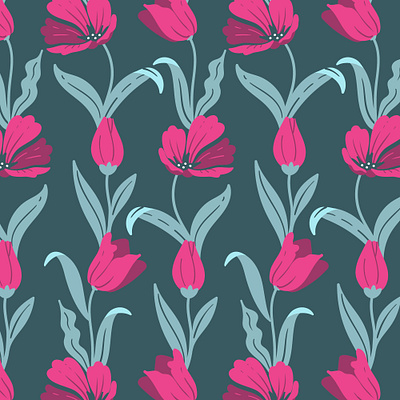 Vector seamless pattern with tulips on dark green background design fabric fashion illustration pattern seamless seamless pattern seamlesspattern surface design surface pattern surfacedesign textile tulips vector illustrations vectorpattern wallpaper wrapping paper