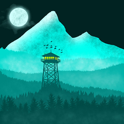 Firewatch Night Flat Illustration art prints design design art digital art flat design flat illustration illustration landscape landscape illustration photoshop photoshop art print design wall art