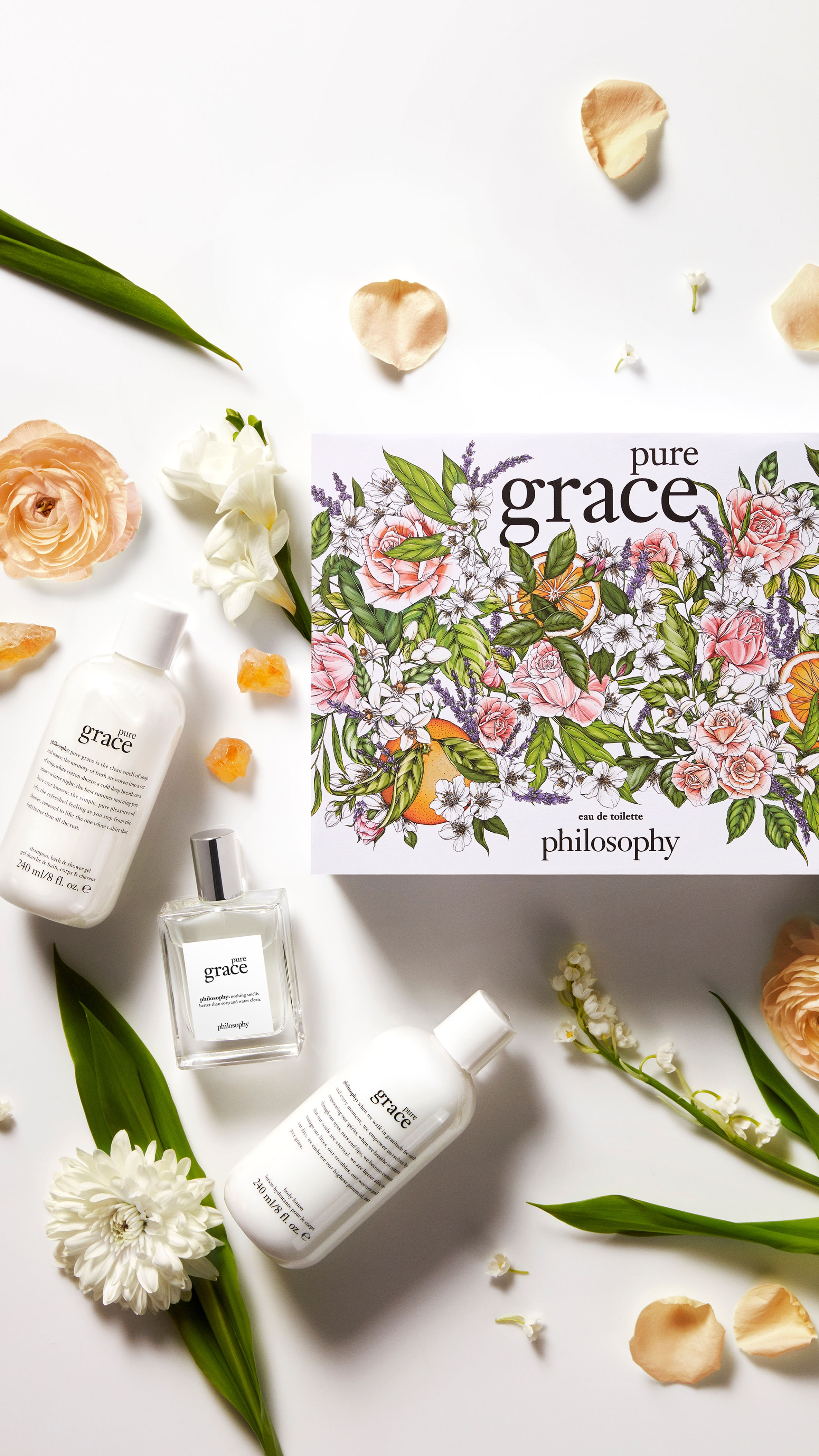 Philosophy Pure Grace - Packaging Illustration botanical cosmetic drawing floral illustration label packaging pattern surface design typography