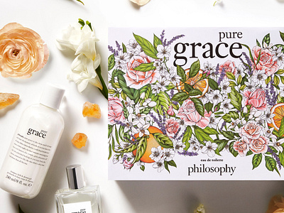 Philosophy Pure Grace - Packaging Illustration botanical cosmetic drawing floral illustration label packaging pattern surface design typography