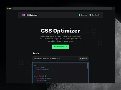 CSS Optimizer — Homepage code editor dark dark theme dashboard development graph night theme one page website syntax themes webapp