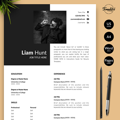 Modern Resume for Word & Pages “Liam Hunt” 1 page resume 2 page resume 3 page resume banking resume cv for word cv template finance cv investment banking modern cv modern resume professional cv word professional resume resume for word resume template resume template word resume with photo word cv template