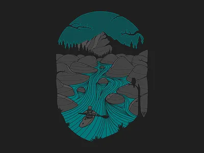 Halftone Kayaker Illustration adobe black blue design grey half tone halftone halftones illustrator iluustration kayak kayaker mount mountain natural nature river thsirt trees vector