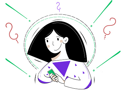 Woman with a phone character circle clean colors contact conversation exclamation mark face girl hair illustration illustration woman minimal people phone procreate question mark shopping triangle woman