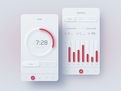 Pomodoro timer app concept mobile mobile ui neumorphism pomodoro skeumorphism statistics timer ui design