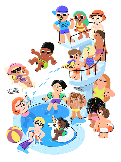 Swimming pool traffic cartoon character child children cute illustration kids mishax pool summer swim swimming