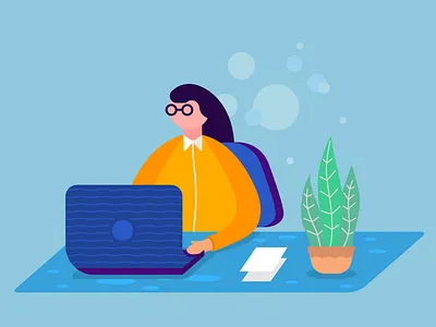 Working on laptop coworking space freelance girl illustration laptop office sitting vector woman work