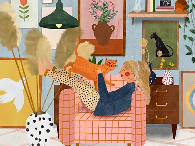 STAY HOME ❤️ cat decoration female character home illustration illustration art illustrator kids illustration plant illustration