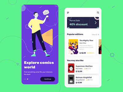 Comics Store - Mobile App Concept arounda clean color comics concept create design figma font future golden grid illustration lab marvel mobile palette ratio typography ui ux