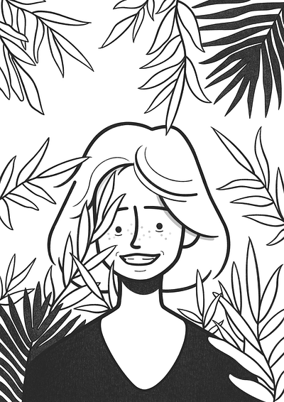 in the jungle, the mighty jungle… black and white cartoon character character design comic cute design doodle flowers girl illustration line minimal monochrome pencil portrait simple simple design