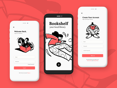 Bookshelf - Login & Register Screen app books clean clean ui digital figma illustrations interface learning library login minimal mobile product register sign in signup ui ux