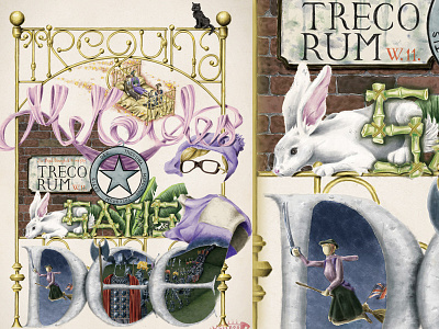 The Silver Screen Spells - TREGUNA MEKOIDES TRECORUM SATIS DEE angela lansbury bedknobs bedknobs and broomsticks black cat broomsticks digital illustration digital painting england illustration magic magic spell magician movie poster rabbit spell witch