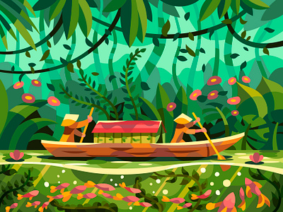 River in the jungle art cartoon character design digital drawing illustration jungle landscape river tropic vector