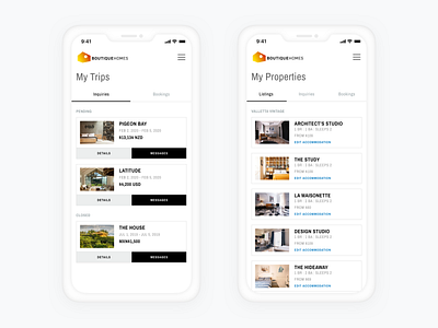My Trips + My Properties Pages backend design black booking layout minimal product design simple travel ui ui design user dashboard user interface user interface design ux design vacation home vacation home rental vacation rental web design white