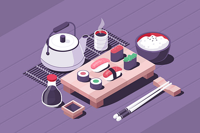 Sushi design digital food illustration isometric japan japanese sushi tea vector