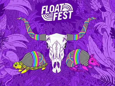 Float Festival Branding armadillo branding branding design cow skull design illustration logo music music festival purple skull texas turtle