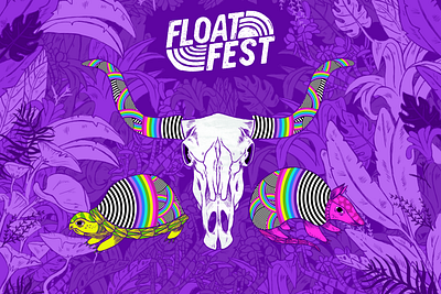 Float Festival Branding armadillo branding branding design cow skull design illustration logo music music festival purple skull texas turtle
